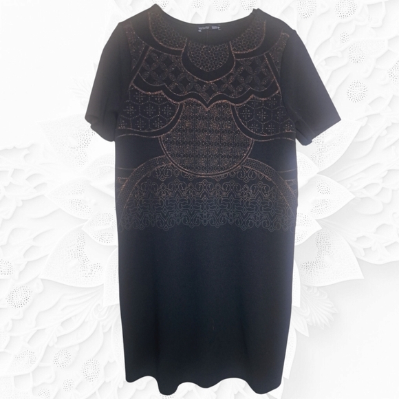 Zara Black Short Sleeved Shift Dress With Metallic Copper Design  - Picture 1 of 4